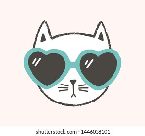 Adorable face or head of cat wearing heart-shaped sunglasses isolated on white background. Portrait of stylish kitten. Flat cartoon vector illustration in flat style for children sweatshirt print.