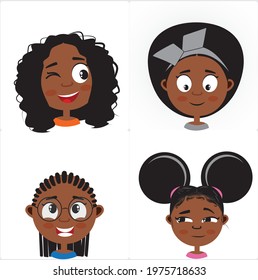 adorable facial expressions of African American girls with different smile versions and different hairstyle (afro puffs, a high ponytail, braids) looking at each other.