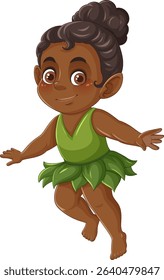 Adorable fairy character with a green leaf dress, playful pose, and vibrant colors. Perfect for fantasy-themed projects and children's media