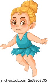 Adorable fairy child with golden hair, wearing a blue dress. Bright colors and whimsical style enhance the magical theme