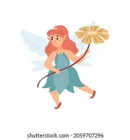 Adorable fairy girl flying, holding beautiful flower in flat vector illustration isolated on white background. Magic cartoon pixie character from fairytale in wonderland with magic wings