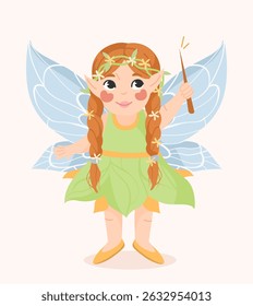 Adorable fairy girl with red braids, flower crown, and leaf dress holding a wand, cartoon style on light background. Concept of fantasy and magic. Vector illustration