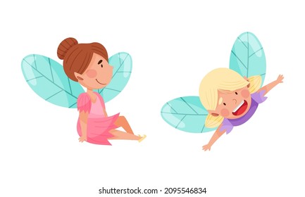 Adorable fairy girls set. Happy winged girls, fairy tales creatures cartoon vector illustration