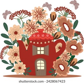 Adorable Fairy Teapot House in Blooming Flower Garden | Hand-Drawn Vector Illustration for Invitations, Greeting Cards, Party Celebrations, Wedding Decor, Textile, Wallpaper, and Background Art