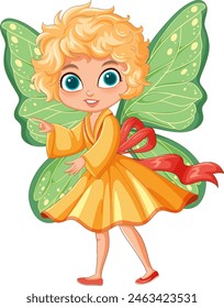 Adorable fairy in yellow dress with green wings