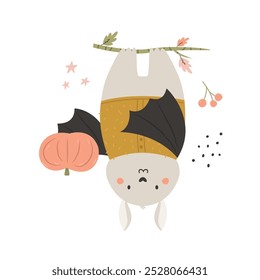 Adorable murciélago de otoño en suéter de punto. Ilustración vectorial estacional. Lindos Diseños de otoño para Halloween.