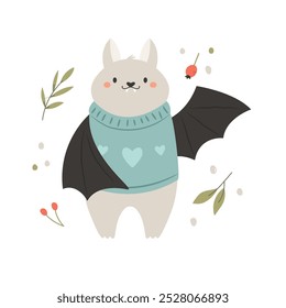 Adorable Fall Bat in Knitted Sweater. Seasonal Vector Illustration. Cute Autumn Designs for Halloween.