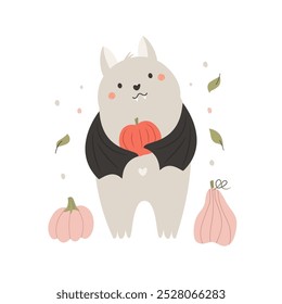 Adorable Fall Bat with Pumpkins. Seasonal Vector Illustration. Cute Autumn Designs for Halloween.