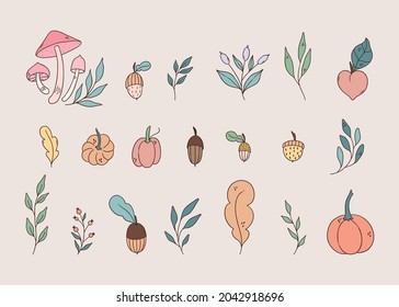 Adorable fall collection of handdrawn doodle illustrations. Seasonal flat style cartoon icons.