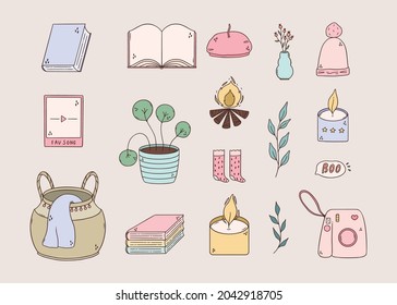 Adorable fall collection of handdrawn doodle illustrations. Seasonal flat style cartoon icons.