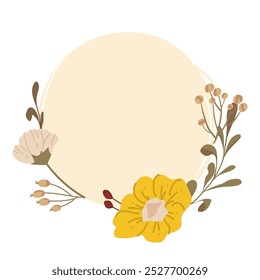  Adorable marco de caída. Marco de otoño redondo con flores. Plantilla con Elementos de otoño. Cartel del festival de la cosecha. fondo creativo con espacio para el texto. Plantillas de diseño de redes sociales, carteles, pegatinas