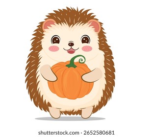Adorable Fall Hedgehog Holding Pumpkin – Cozy Autumn Animal Art in Vector Format"