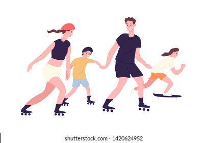 Adorable family on roller skates and skateboard. Mom, dad and children roller skating and skateboarding. Parents and kids performing recreational activity outdoors. Flat cartoon vector illustration.