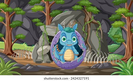 Adorable fantasy creature emerging from egg