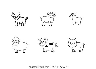 Adorable Farm Animal Line Art Bundle for Kids- Yak, Ram, Horse,Sheep,Cow,Pig