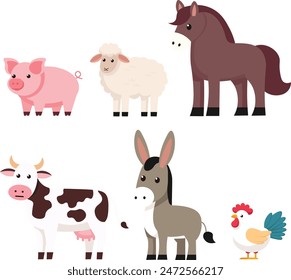 Adorable Farm Animals Collection, Animals Cartoon Vector Illustration