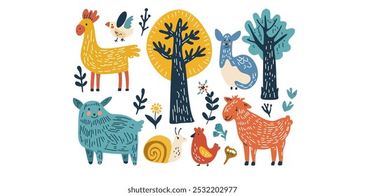 Adorable farm animals and plants in a cartoon vector illustration