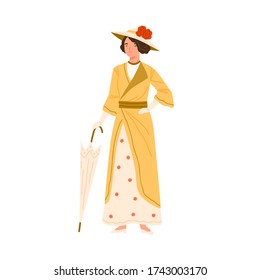 Mujer de moda adorable parada en vestido de verano y esa ilustración plana vectorial. Una mujer sonriente sosteniendo un paraguas muestra la voz del siglo XX aislada en blanco. Prendas retro femeninas de diseño