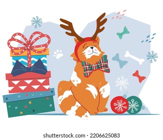 Adorable fat cat in Christmas deer horns among gifts. Christmas and New Year holiday banner backdrop for greeting card with funny cat, cartoon flat vector illustration on background.
