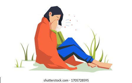 Adorable female character coughing. Symptom of influenza, health problem, viral infectious disease. Coronavirus COVID-19. Vector illustration. woman feeling sick, coughing. sick person in a blanket