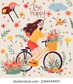 Adorable female riding a bicycle, basket adorned with fresh flowers, colorful tree, flowers and leaves around. Attractive lady on a bicycle. Sustainable travel idea. Vector.