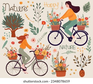 Adorable female riding a bicycle, basket adorned with fresh flowers, colorful tree, flowers and leaves around. Attractive lady on a bicycle. Sustainable travel idea. Vector.