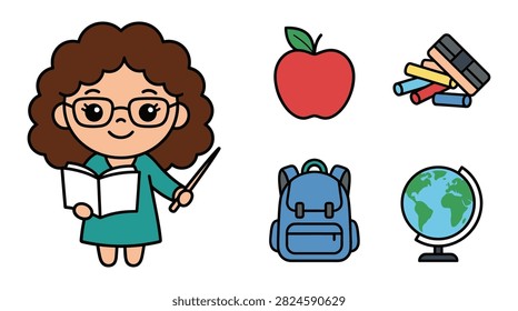 Adorable female teacher with book and pointer stick, school accessories: red apple, backpack, globe, and colorful chalk pieces.