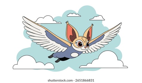 Adorable Fennec Fox Character Soars Gracefully Through a Sky Filled with Fluffy Clouds