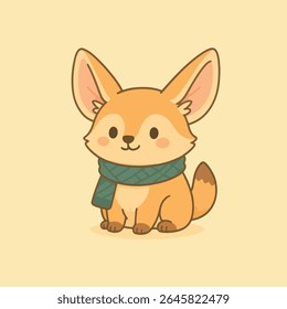 Adorable Fennec Fox Charm, A charming cartoon of a fennec fox, adorably depicted with a green scarf, radiates a gentle and inviting appeal in a vibrant illustration.