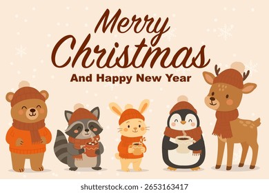 Adorable festive illustration featuring five cute animals — a bear, raccoon, bunny, penguin, and deer — dressed in cozy winter outfits and holding hot drinks. Perfect for Christmas  greeting designs.