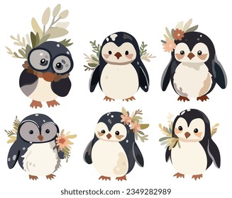 Adorable festive penguins. Joyful penguin character, smiling aquatic non-flying bird. Vector collection featuring baby penguin, charming polar creatures. Vector.