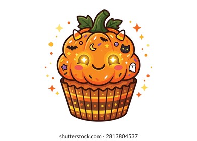 Adorable festive pumpkin cupcake with smiling face, candy corn sprinkles, spooky bats and ghost icon decorations. Vibrant autumn holiday dessert illustration with magical stars and soft orange colors.