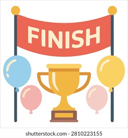 Adorable Finish Ribbon with Text with Balloons and a Gold