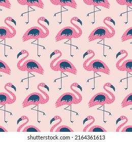 Adorable flamingos hand drawn vector illustration. Cute tropical pink bird in flat style. Seamless pattern for kids fabric.