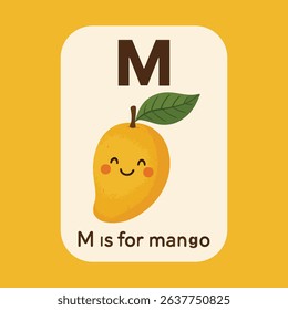 Adorable Flashcard: M is for Mango, Featuring a Cute Cartoon Mango