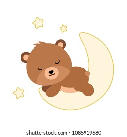 Adorable flat bear sleeping on the moon. Vector.