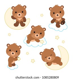 Adorable flat bears on clouds or moon. Vector illustration isolated on white background.