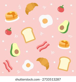 Adorable flat breakfast icons like avocado, croissant, bread, tomato, bacon, pancake, and fried egg on a soft pink background. Great for cute food illustrations, social media graphics, and playful lifestyle designs.