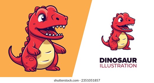 Icono de dinosaurio infantil adorable con dibujos planos: Ilustración de vectores rojos curados