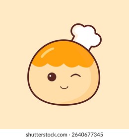 Adorable flat character of Indonesian pineapple tart (nastar) with a white chef hat, expressing joy. Perfect for bakery branding, food education, or fun culinary illustrations for kids