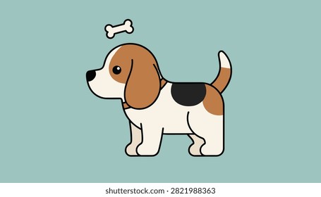 Adorable flat design beagle puppy looking up at a floating bone above his head against a pastel blue background.