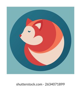 Adorable flat design fox illustration in a circle with red and orange colors