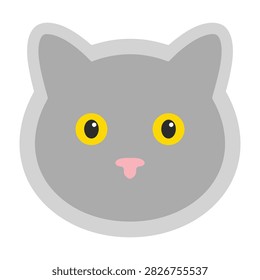 Adorable flat design of a grey cat face featuring large expressive yellow eyes and a tiny pink nose. Perfect for children's books, logos, and web design.