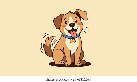 Adorable flat design vector of a cheerful brown puppy sitting down, wagging its tail and wearing a blue collar with a bone tag. Ideal for youngsters!!
