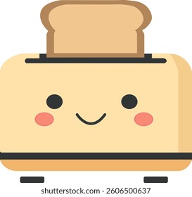Adorable flat design vector of a smiling toaster with a slice of bread popping out in minimalist cartoon style