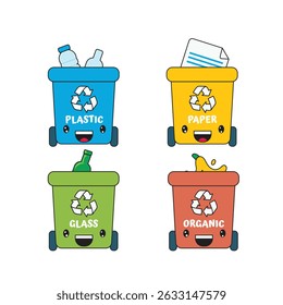 Adorable flat illustration showing kawaii recycle bins labeled for plastic, paper, glass, and organic waste. Encourages eco-friendly waste sorting and environmental awareness with cute style