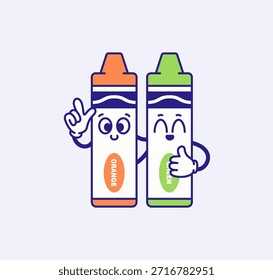 Adorable flat illustration of two smiling crayon characters in orange and green colors holding hands. playful cartoon style perfect for kids education, creativity, friendship themes