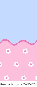 Adorable flat vector background featuring a soft pastel blue and pink color palette with wavy divider and simple white daisy flower pattern. Ideal for baby products, girly themes, nursery room decor, 