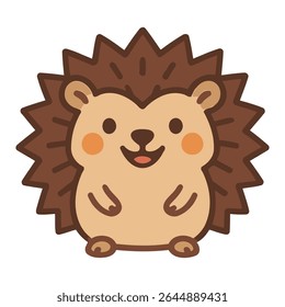 Adorable flat vector cartoon hedgehog with a happy face and spiky brown back. Perfect for children's books, stickers, nursery decor, and educational animal-themed graphics.