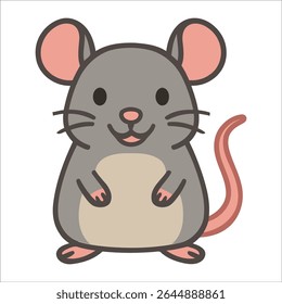 Adorable flat vector cartoon mouse with a friendly smile. Perfect for kids' designs, educational materials, stickers, nursery prints, and animal-themed graphic projects.